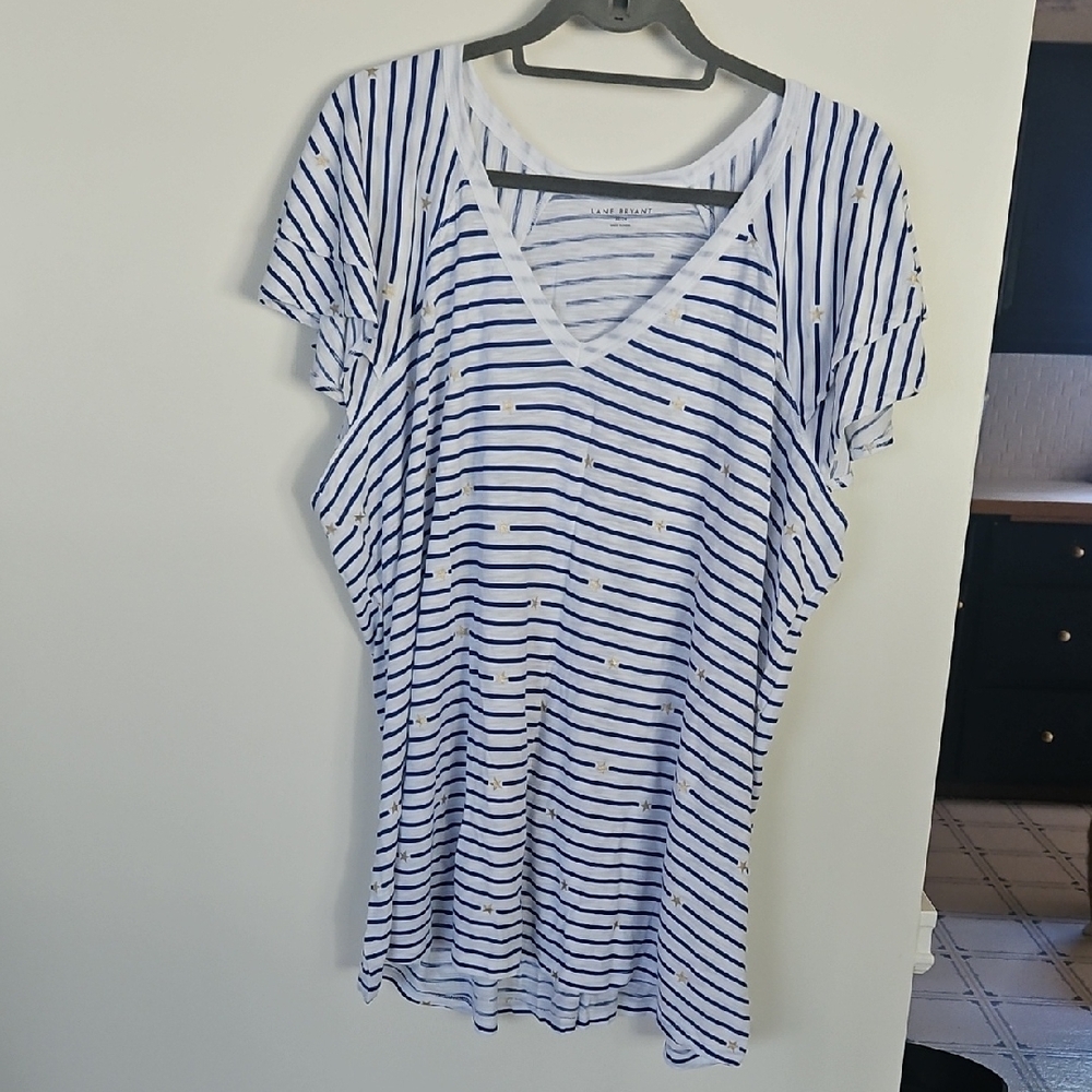 Lane Bryant Blue and White Striped V-Neck Tee
